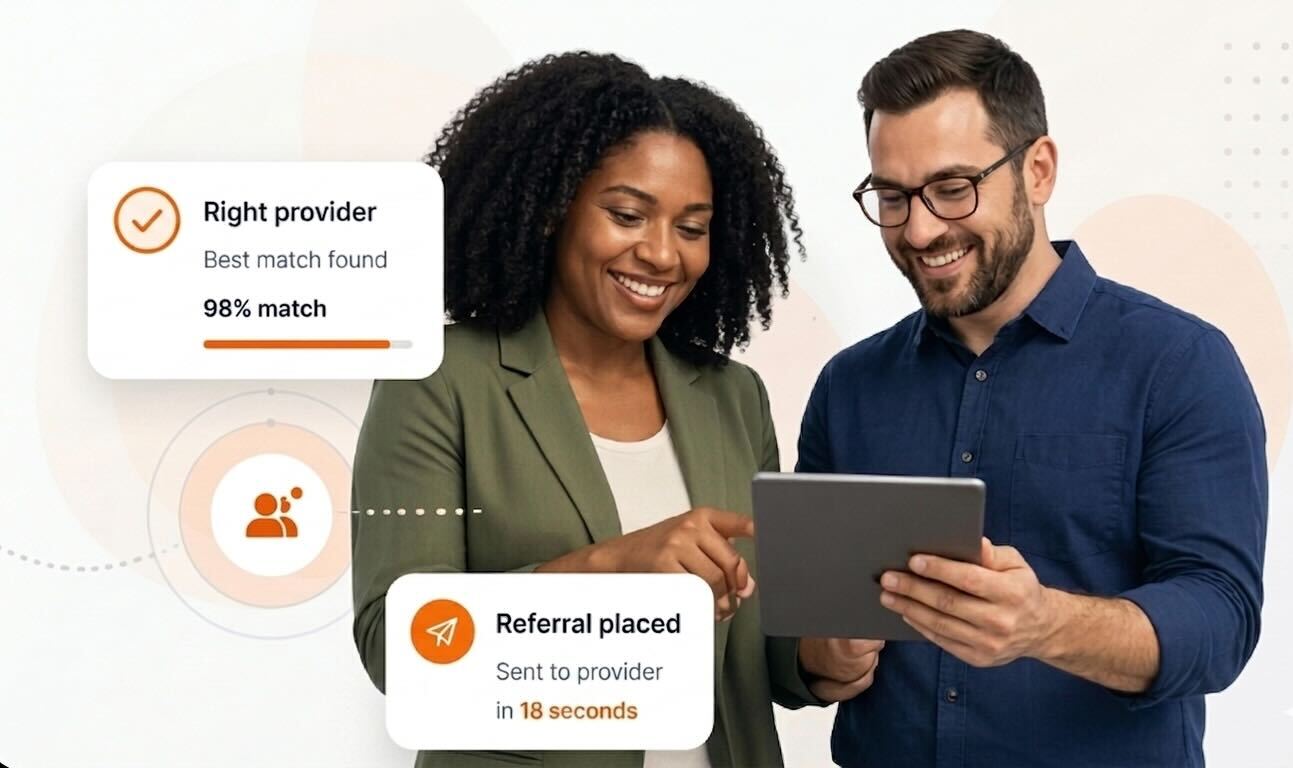 Care professionals reviewing a referral together with match and send confirmation highlights